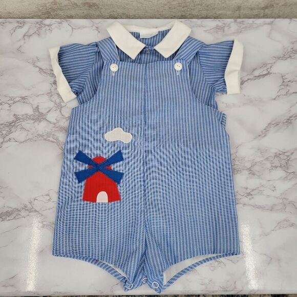 Neiman Marcus Betti Terrell Vintage Blue Striped Baby Romper Windmill Design - Picture 2 of 13